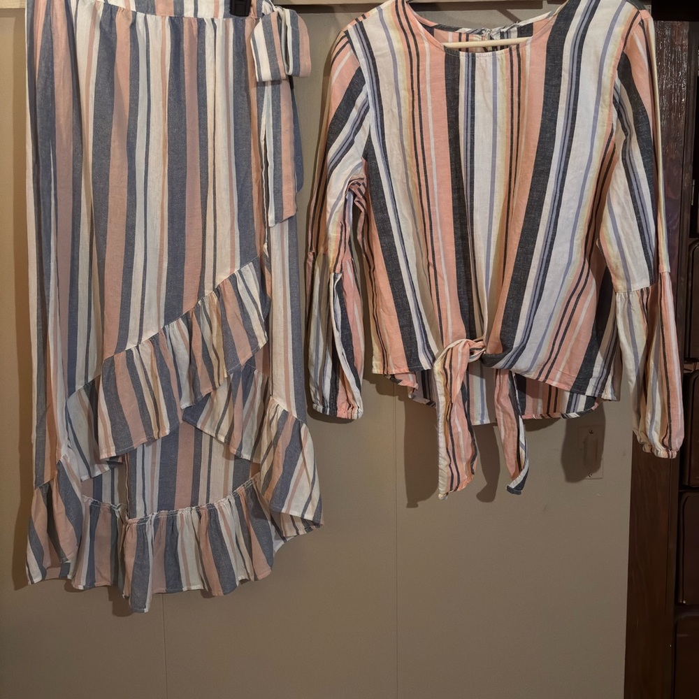 Striped Two-Piece Set with Ruffle Skirt Linen